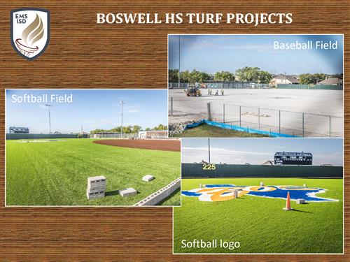 Boswell High School turf projects. Three photos of baseball and softball fields showing turf with logo.